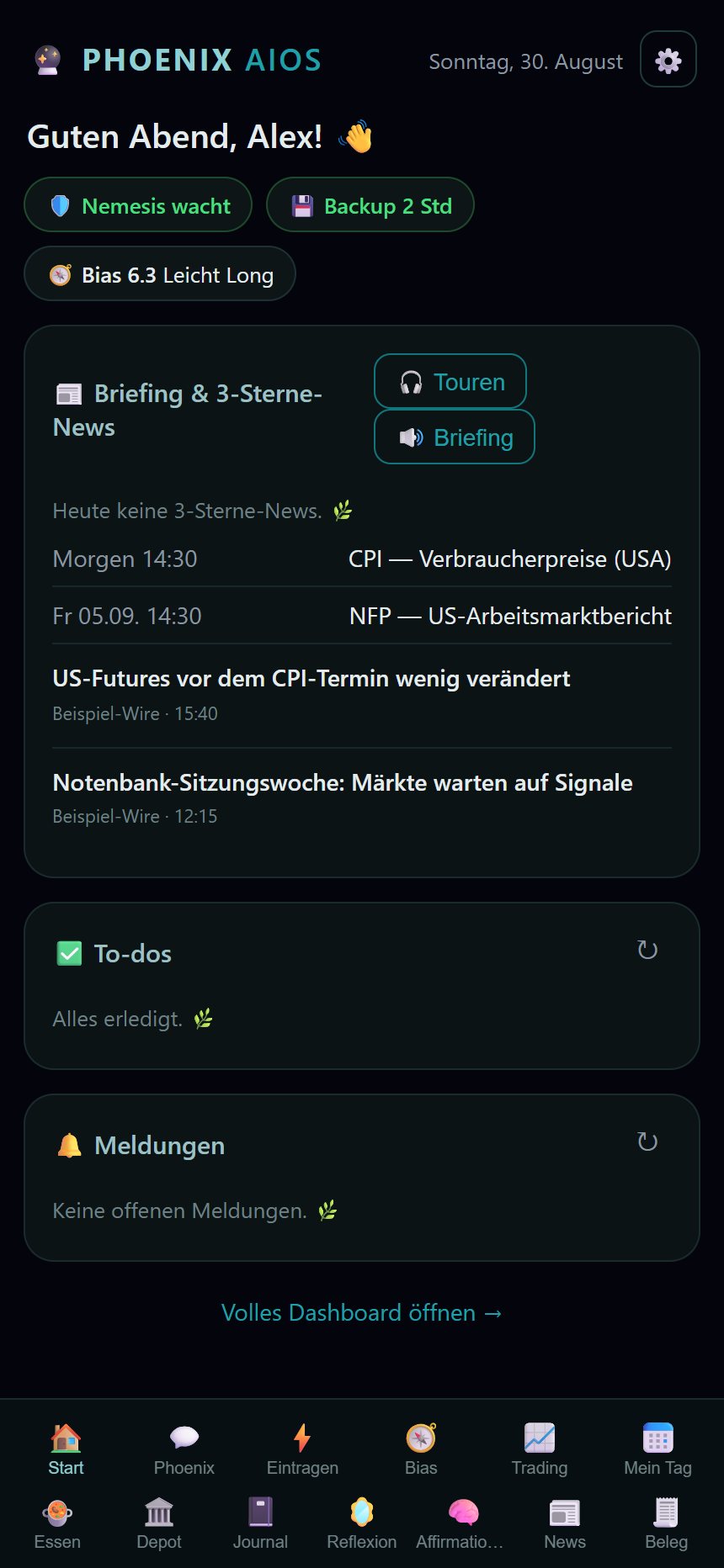 Die Startseite der Handy-Ansicht: Begrüßung, Statusanzeigen für Nemesis und Backup, die Briefing-Karte mit Terminen und Nachrichten sowie eine Menüleiste unten